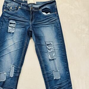 RawBlue Jeans Womens 9/10 Dark Wash Blue Denim Mid Rise Skinny 32" Destroyed Y2K